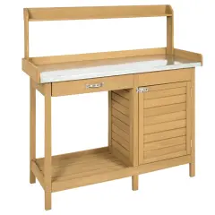 Natural Fir Wood Potting Bench with Metal Top, Storage, Shelves and Hooks