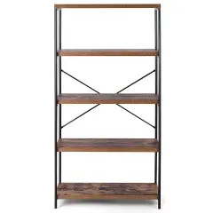 5 Tier Metal and Wood Shelf Bookcase with Black Iron Frame and Rustic Panels for Home Office Storage