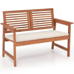 Outdoor Solid Wood Garden Bench with Armrests and Seat Cushion
