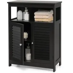 Bathroom Floor Cabinet with Louvered Doors and Open Shelf, Adjustable Storage Organizer Black