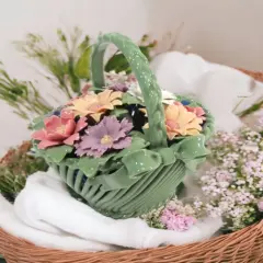 Ceramic Weaved Flower Basket Figurine, Home D&eacute;cor, Gift for Her, Gift for Mom, Vanity D&eacute;cor