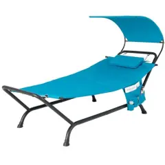 Outdoor Hammock Chaise Lounge Chair with Canopy and Cushion for Patio, Garden or Poolside Teal Blue