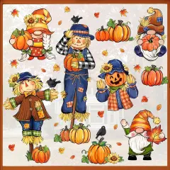 Fall Scarecrow Gnome Window Clings 9 Sheets, Autumn Pumpkin Maple Leaves Stickers