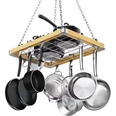 Rectangular Metal Wood Ceiling Pot Rack with Multiple Hooks