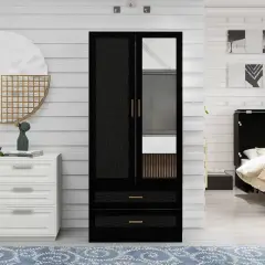Modern Black Armoire Wardrobe Closet with Mirror Hanging Rod and 2 Drawers for Bedroom