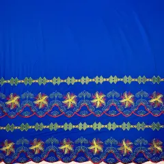 1 Yard Plumeria Flower Embroidered Double Border Polyester Fabric 56 Inch Width Blue