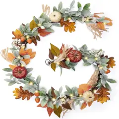 Lambs Ear Leaves Garland with Lights Pumpkins Fall Garland - White/Brown