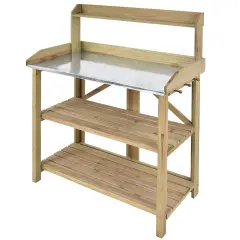 Outdoor Garden Potting Bench with Metal Top and Storage Shelves