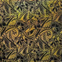 1 Yard Hibiscus Plumeria Polynesian Tattoo Polyester Foil Fabric, 36" x 60" Yard Unique Floral Shine for Apparel & Crafts Black & Gold
