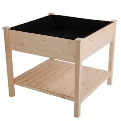 Brown Fir Wood Raised Planter Box with Shelf asnd Fabric Liner