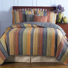 Full Queen Cotton Quilt Set Red Orange Blue Brown Stripe Pattern