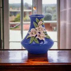 Mini Size Ceramic Sweet Pea Flower on Blue Vase, Home D&eacute;cor, Gift for Her, Gift for Mom, Spring Decor