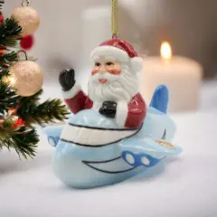 Ceramic Santa Ornament in Blue Airplane, Home D&eacute;cor, Gift for Her, Gift for Him, Gift for Pilot, Kitchen D&eacute;cor, Christmas D&eacute;cor
