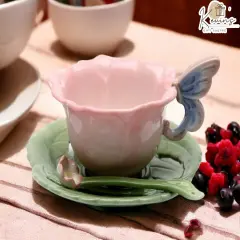Ceramic Rose with Butterfly Cup and Saucer and Spoon-1 Set, Gift for Her, Gift for Mom, Gift for Friend, Tea Party D&eacute;cor, Caf&eacute; Decor