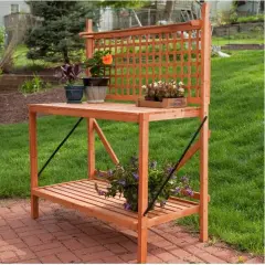 Fir Wood Potting Bench with Lattice Back and Ample Storage Shelf