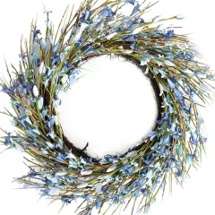 18inch Artificial Forsythia Flower Wreath, All Year Around Wreath for Front Door, Wedding Window Home Wall Indoor Front Door Decor (Blue, 18in)