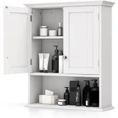 White Wall Mounted Bathroom Cabinet with Louver Doors Adjustable Shelf and Built In Towel Bar