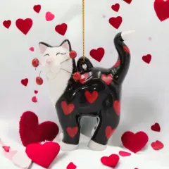 Ceramic Black Cat with Red Hearts Ornament, Home D&eacute;cor, Gift for Her, Gift for Mom, Valentine&rsquo;s Day D&eacute;cor, Romantic D&eacute;cor, Cat Lover's Gift