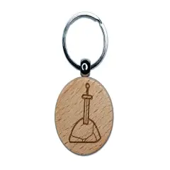 Sword In Stone King Arthur Camelot Medieval Fantasy Engraved Wood Round Keychain Tag Charm