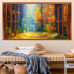 Forest Wall Stickers 3D Fake Windows Wall Stickers Removable Nature Landscape
