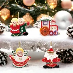 Ceramic Sweet Holiday Ornaments Set Of 4 Train, Angel, Santa & Children, Home D&eacute;cor, Gift for Her, Gift for Mom, Christmas D&eacute;cor