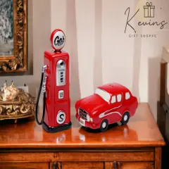 Hand Painted Ceramic Red Car And Gas Pump Salt & Pepper Shakers-Home D&eacute;cor, Gift for Her, Gift for Him, Gift for Dad, Kitchen D&eacute;cor