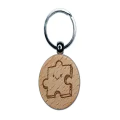 Happy Cartoon Puzzle Piece Engraved Wood Round Keychain Tag Charm