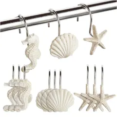 12-Pack of Beach-Themed Shower Curtain Stainless Steel Hooks, Decorative Seashell Coastal Shower Hooks for Bathroom Decor with Seahorses, Starfish, and Seashells White
