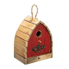 Washed Red Iron and Solid Wood Vintage Hanging Birdhouse with Metal Roof