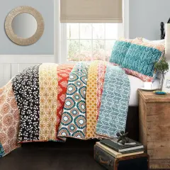 Cotton 3 Piece Reversible Teal Orange Bohemian Stripe Quilt Set