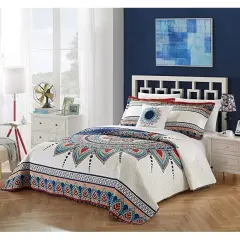 Boho Reversible Cotton Quilt Set Queen Size Blue White 4 Piece