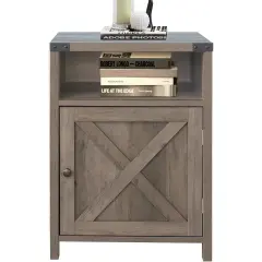 Farmhouse Style End Table Barn Door Nightstand with Open Shelf Rustic Oak Wood Texture