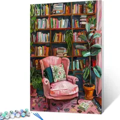 Bookshelf Book Theme Pink Library Paint by Numbers Kits for Adult - 16''W x 20''H