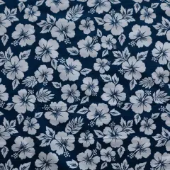 1 Yard Hibiscus Flower Polyester Fabric, 60 Inch Wide Floral Print Material Navy