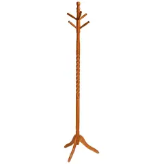 Oak Wood Twist Coat Rack with Swivel Hooks and Two-Tier Peg Design
