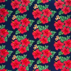 1 Yard Hibiscus & Tropical Leaves Cluster Peachskin Fabric 45 Inch Width Navy