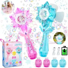 Rechargeable Bubble Wand 2 Pack for Kids Girls Boys, LED Light & Music Electric Bubble Machine Toy, Automatic Snowflake Bubble Blower Gun with 2 Windmill & 4 Bubble Solutions for Outdoor Party