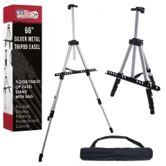66" Silver Metal Tripod Easel Display - Adjustable 18"- 5.5', Holds 36" Canvas - Floor/Tabletop Easel Stand, For Sign Display, Painting, Poster Board, Canvas - Portable Bag
