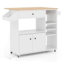 Kitchen Drop Leaf Island Cart with Power Outlets and Wine Rack Storage Shelves Locking Wheels White