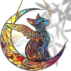 Summer Charming Cat Angel Acrylic Stained Glass Window Hanging Sun Catcher Decor Stained Panel Hangings Wall Art Decor, for Friends and Family (Cat Angel)