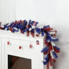 4th of July Garland with 30 Fairy Light Independence Day Red White and Blue Pine 6Ft Patriotic Cedar Garland Decoration for Memorial Day Flag Stairs Fireplace Mantel Decor