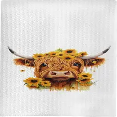 Sunflower Highland Cow Waffle Weave Kitchen Towels (16x24) - Summer Highland Cow Hand Towels for Bathroom