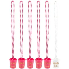 6-Pack Team Bride and Bride To Be Plastic Beaded Bridal Shower Shot Glasses Necklaces - Perfect for Bachelorette, Hot Pink and White with Gold Font - 30.4 Inches Long