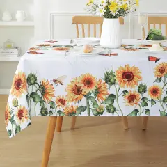 Sunflower Table Cloths 60 x 84 Inch Rectangle Summer Tablecloth, Water Proof Wipe Clean Dust-Proof White Polyester Fabric Table Cover for Fall Kitchen, Party, Picnic, Indoor, Outdoor