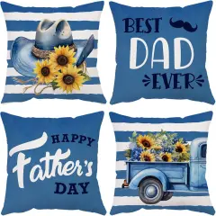 Fathers Day Pillow Covers 18x18 Set of 4 Velvet Blue Dad Throw Pillow Covers Sunflower Floral Cushion Covers Pillow Case Gift for Father Dad Birthday Home Outdoor Sofa Decoration (18)