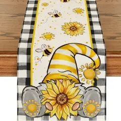 Buffalo Plaid Sunflower Gnomes Bee Summer Table Runner, Seasonal Kitchen Dining Table Decoration for Home Party Decor 13x72 Inch