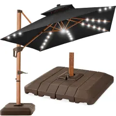 Best Choice Products 10ft Square Woodgrain Pattern 2-Tier Outdoor Solar LED Cantilever Umbrella w/ Base Black