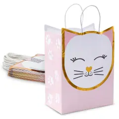 15 Pack Cat Gift Bags for Birthday Party Favors w/ 20 Sheets of Tissue Paper, 8 x 10 x 4.7 in Pink