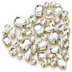 Rhinestones for Crafting, 50pcs Sew on Rhinestones Flatback Crystal Rhinestones Mixed Shapes with Metal Claw for Craft Clothes Jewelry Shoes Bags DIY Decoration (White)