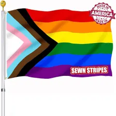 Progress Pride LGBTQ Flag 2x3 Outdoor Sewn Stripes- All Inlcusive Progressive Rainbow Nylon Flags for Bisexual LGBTQ Non Binary Lesbian Gay Transgender Prides Proculsexual